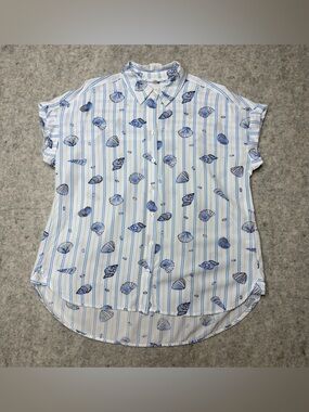 Jane & Delancey White Blue Striped ShortSleeve Shell Print ButtonDown Top Small